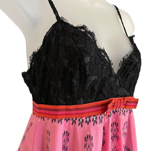 Vintage Anna Sui Archival Party Dress Black Lace Sparkling Print Pink Skirt - Picture 7 of 13